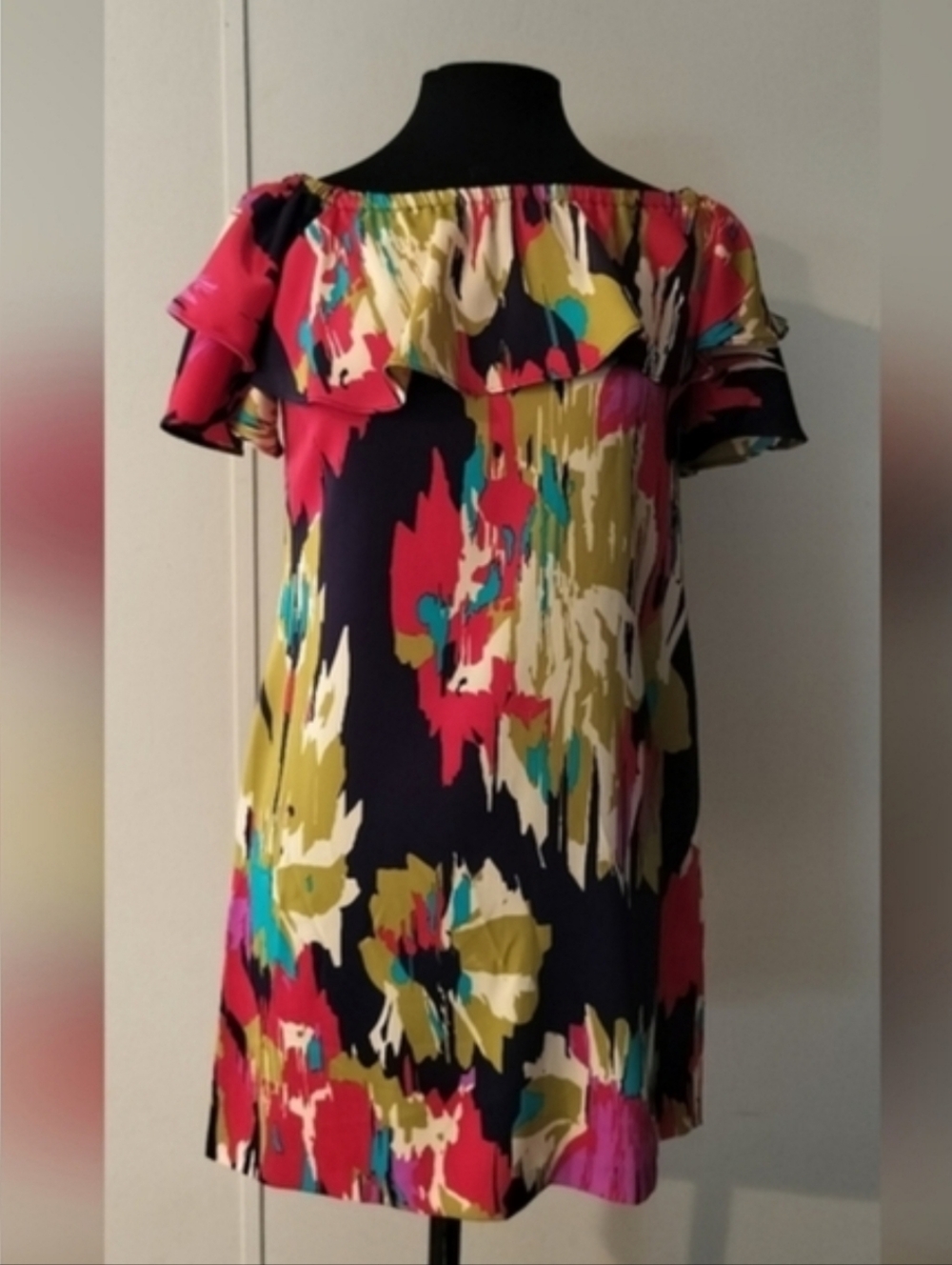 London Times Colorful Off-Shoulder Mini Dress